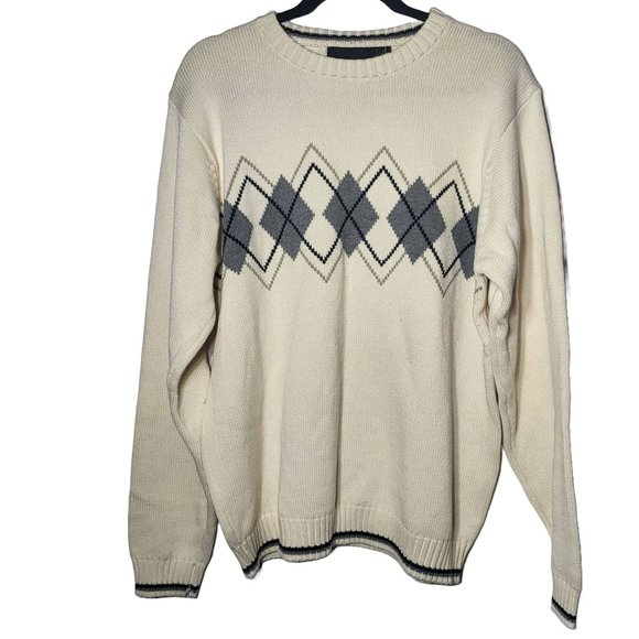 Bill Blass Mens Argyle Crew Neck Chunky Knit Sweater Size XL Grandpa Academia - Picture 1 of 8